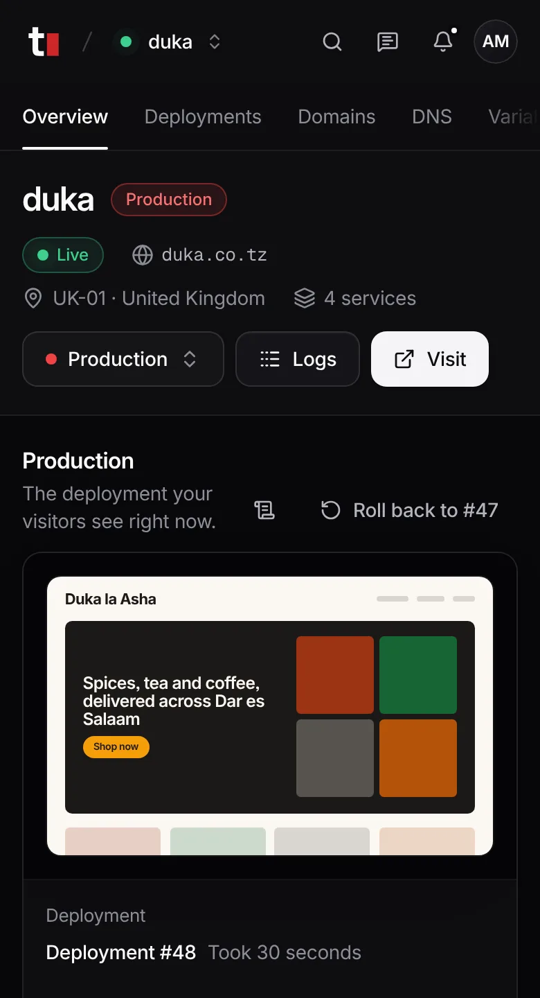 Project, in the Tanzahost dashboard